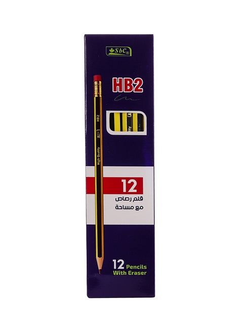 HB2 Pencil With Eraser Set, Pack Of 12 Yellow/Black/Red