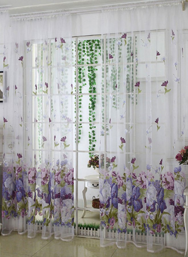 Floral Printed Transparent Window Curtain Purple/Clear 100 x 250cm - Image 1