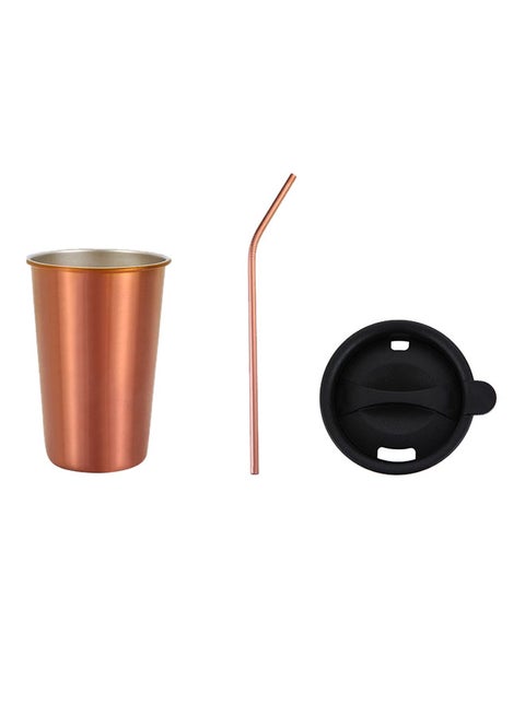 Stainless Steel Coffee Mug With Reusable Metal Straw And Lid Rose Gold