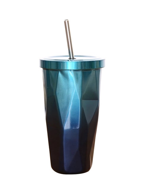 Stainless Steel Double Wall Tumbler With Straw And Lid Blue 10.2 x10.2x18centimeter