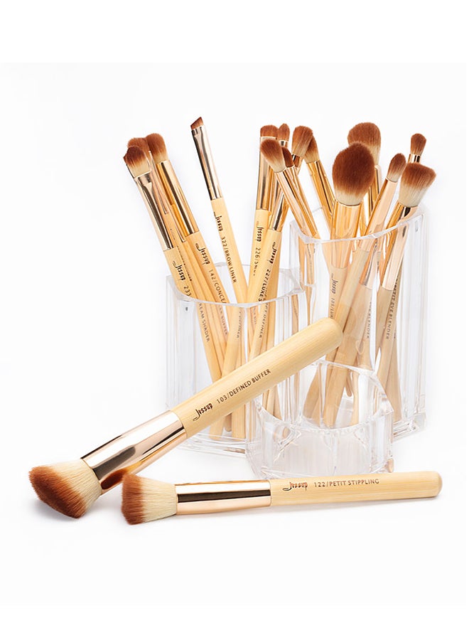 Jessup 25-Piece Bamboo Makeup Brushes Set Beige/Gold - Image 4