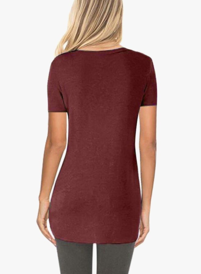 Sharpdo Solid Pattern Casual T-Shirt Burgundy - Image 2