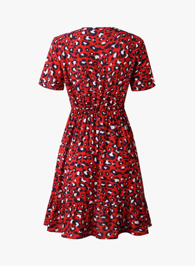 شاربدو فستان بطبعة نقشة جلد النمر ورقبة على شكل حرف V أحمر / أسود / أبيض - Image 2