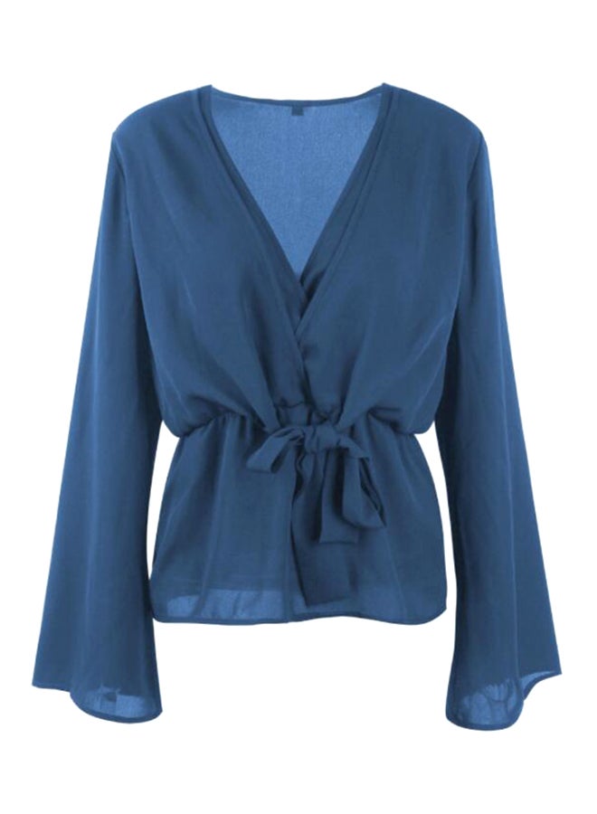 شاربدو بلوزة سادة بفتحة رقبة على شكل حرف V أزرق - Image 1