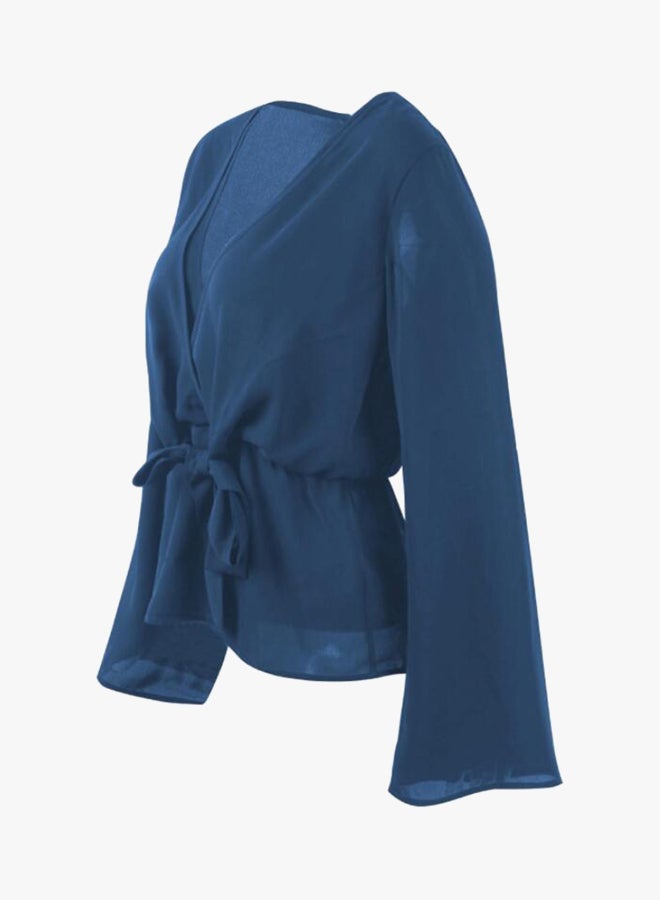 شاربدو بلوزة سادة بفتحة رقبة على شكل حرف V أزرق - Image 3