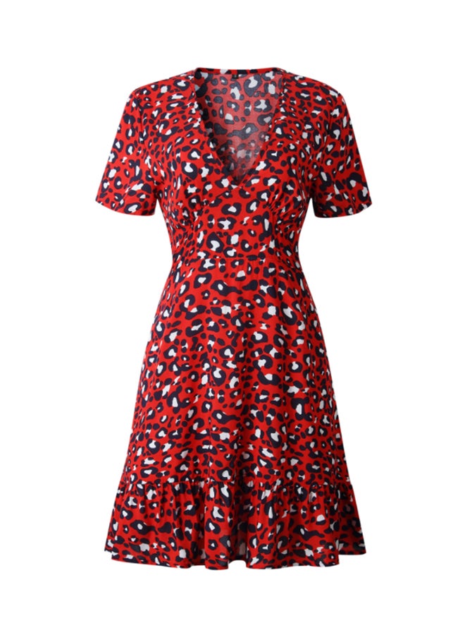 شاربدو فستان بطبعة نقشة جلد النمر ورقبة على شكل حرف V أحمر / أسود / أبيض - Image 1