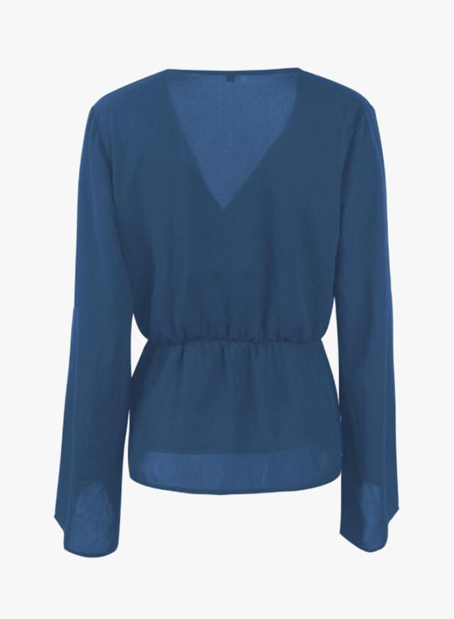 شاربدو بلوزة سادة بفتحة رقبة على شكل حرف V أزرق - Image 2