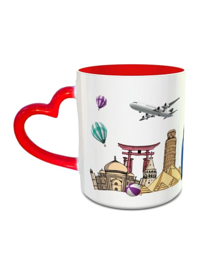 I Love Travel Printed Coffee Mug With Heart Shaped Handle White/Red/Beige