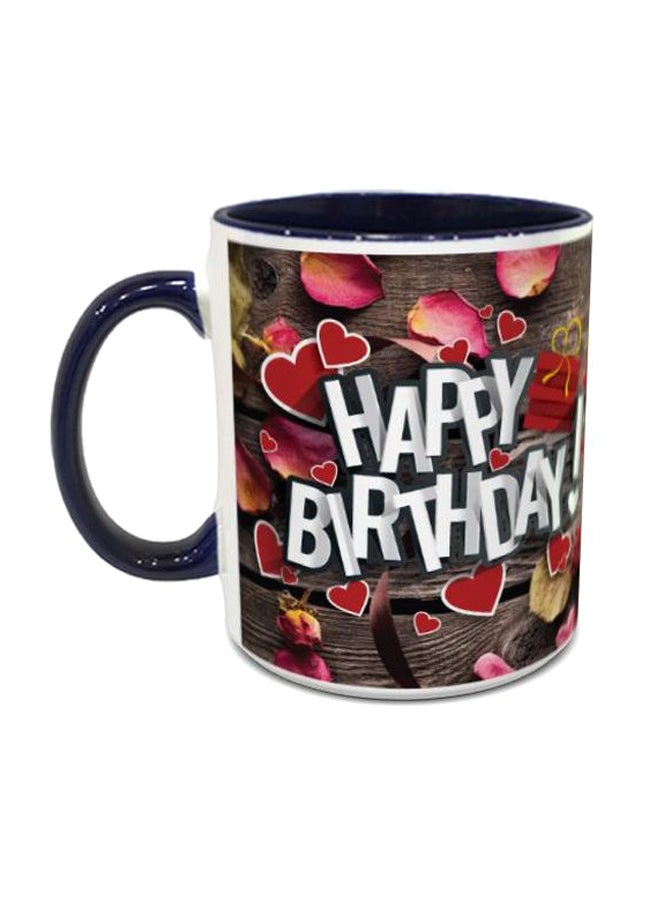 مج قهوة مطبوع بعبارة "Happy Birthday" أبيض/أزرق/أحمر