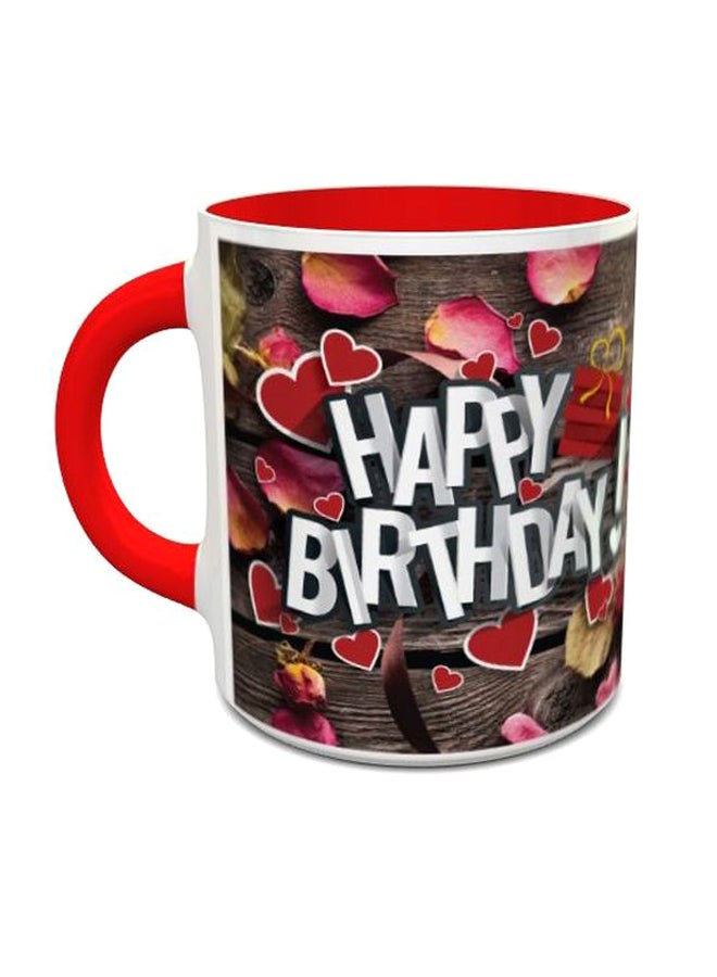 مج قهوة مطبوع بعبارة "Happy Birthday" رمادي/ أحمر/ أبيض