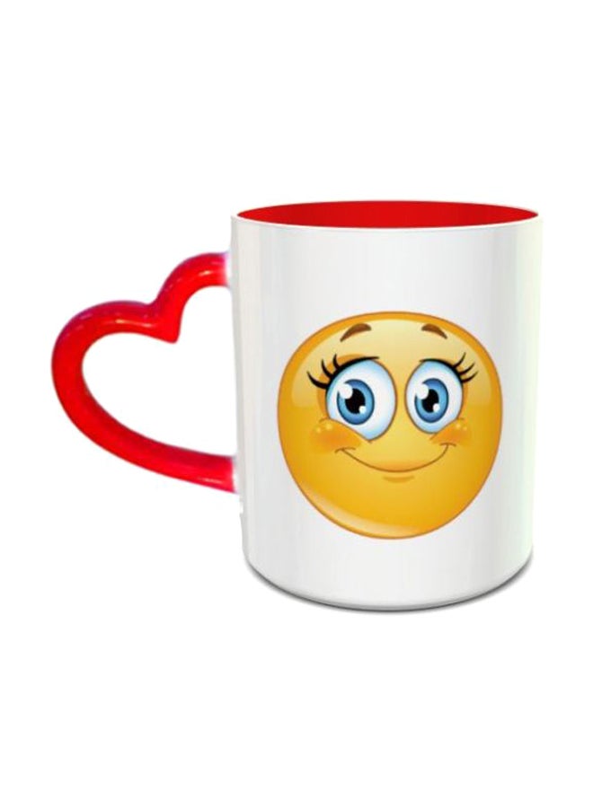 Cute Smiley Printed Coffee Mug With Heart Shaped Handle White/Red/Yellow