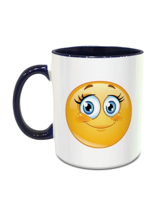 Impress Cute Smiley Printed Coffee Mug With Heart Shaped Handle White/Yellow/Navy Blue