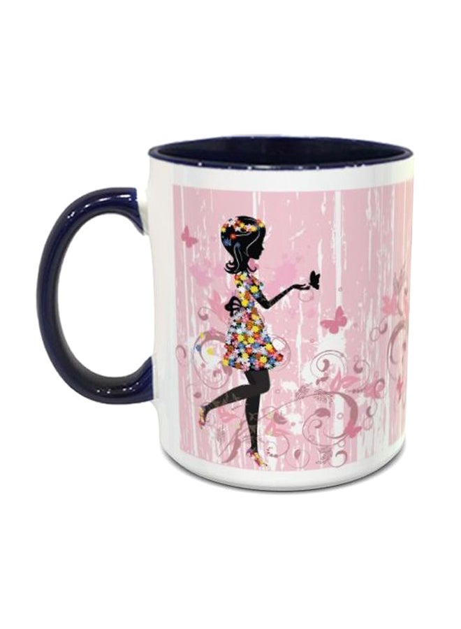 إمبريس مج قهوة مطبوع عليه فتاة مزينة بالورود وردي / أبيض / أسود