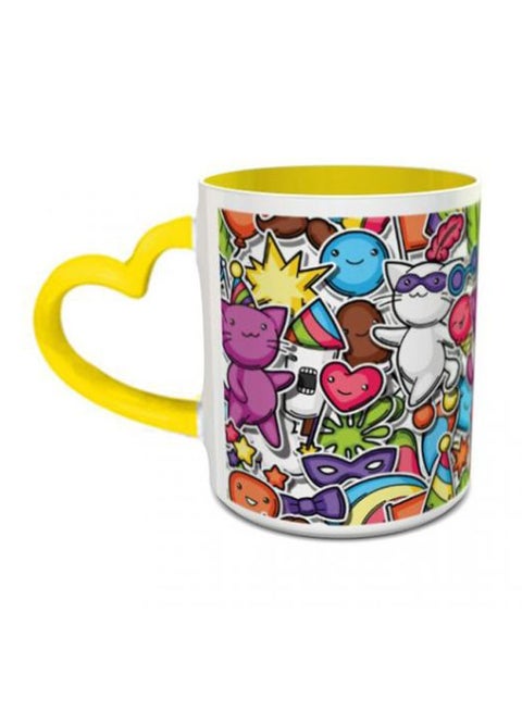 Carnival Party Printed Coffee Mug With Heart Shaped Handle Yellow/White/Blue