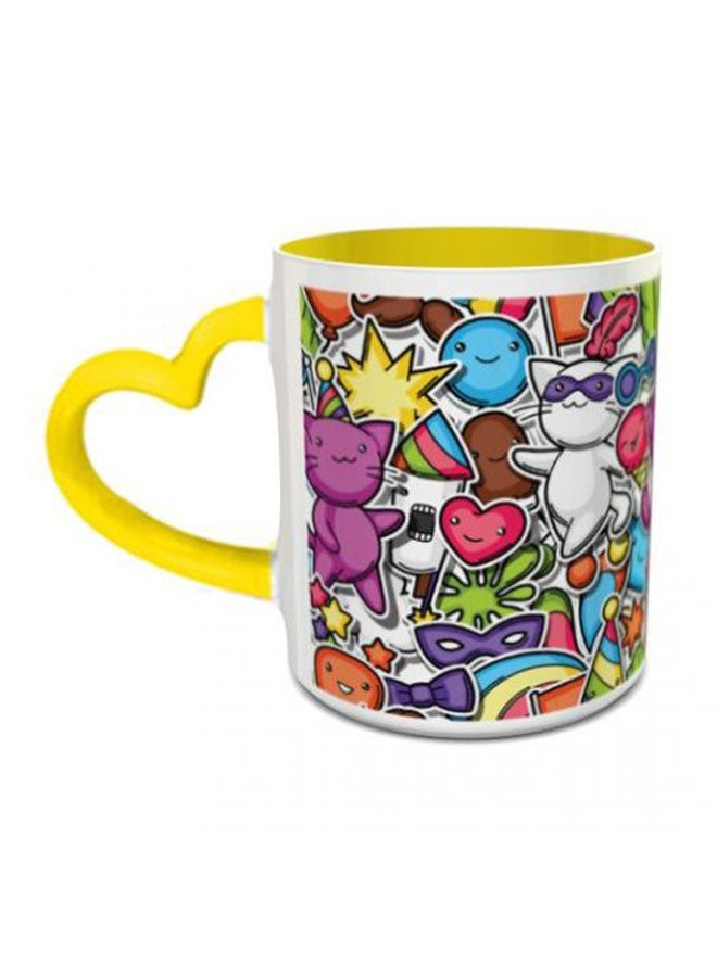 Carnival Party Printed Coffee Mug With Heart Shaped Handle Yellow/White/Blue