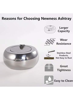 CYTHERIA Stainless Steel Modern Tabletop Ashtray With Lid Silver 5x5x2.5inch  - Image 3