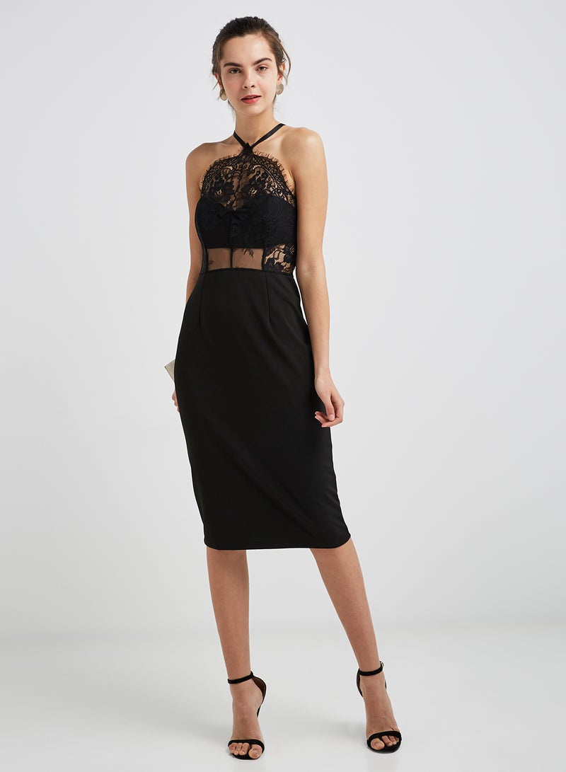 ZERESOUQ - Zere Souq Halter Contrast Lace Sheath Dress Black - Image 1