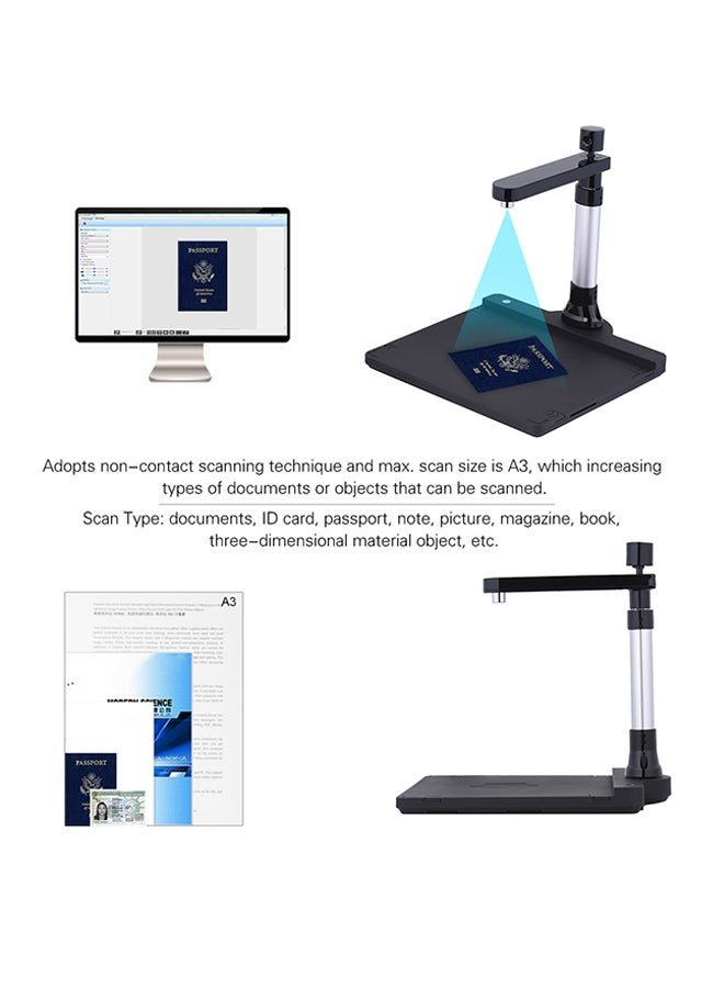 Generic - Adjustable HD High Speed USB Book Image Document Camera Scanner Dual Lens (10 Mega-pixel & 2 Mega-pixel) Max. A3 Scanning Size with OCR Function LED Light for Classroom Office Library Bank Black - Image 1