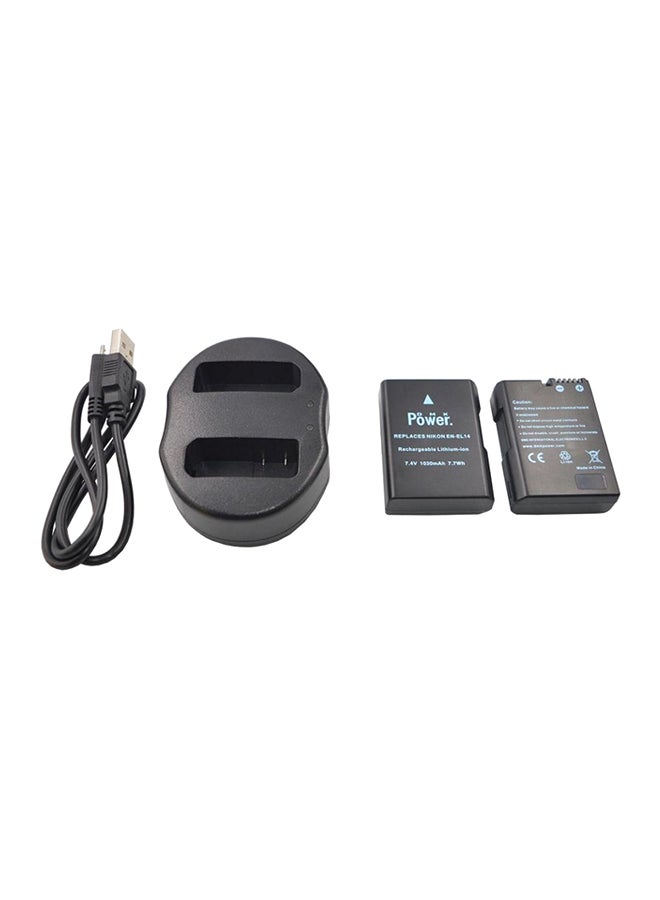 DMK 2 X En, El14 Batteries & 1 X Usb Double Charger For Nikon D3100 D3200 D3300 And D5000 D5200 D5300 D5500 Black - Image 1