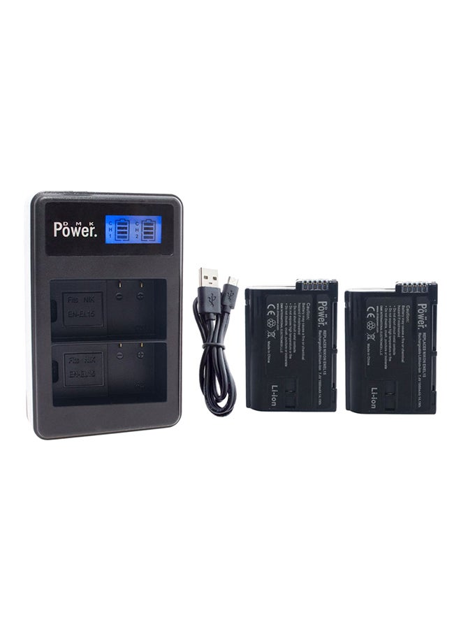 DMK 2-Piece EN-EL15 Replacement Batteries And Dual Charger For Nikon D7000 D7100 D7200 Black - Image 1