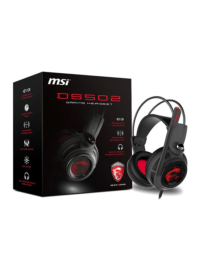 MSI - DS502 Enhanced Virtual 7.1 Gaming Headset, Large 40mm Drivers, Closed Ear Cup Design, Vibration System, LED Lighting, Adjustable Microphone, Self-Adjusting Headband, Black - Image 1