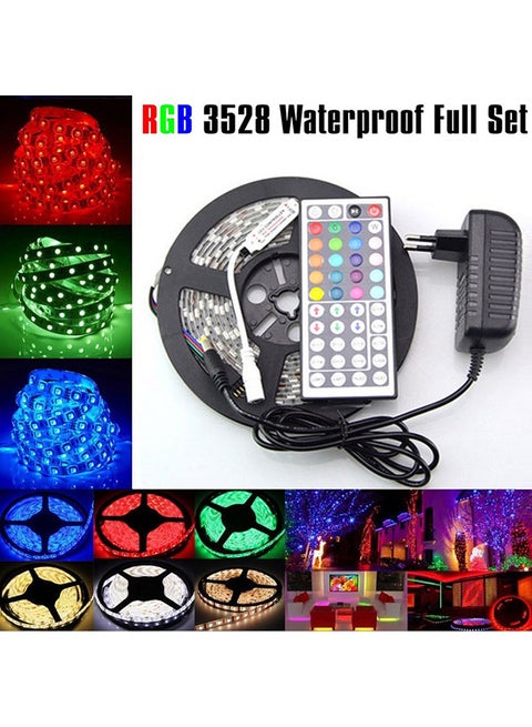 شريط إضاءة بعدد 300 مصباح LED بإضاءة متعددة الألوان RGB ومتغيرة متين وصديق للبيئة ومرن ومزود بجهاز تحكم عن بعد بعدد 44 مفتاحاً يعمل بالأشعة حت الحمراء ومحول إمداد طاقة بجهد 12 فولت متعدد الألوان 5متر