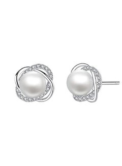 Sterling Silver Cultured Pearl and Cubic Zirconia Spiral Stud Earrings