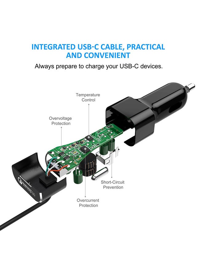 CHOETECH QC 3.0 Car Charger With Built-In Type-C Quick Charge Cable Black - Image 3