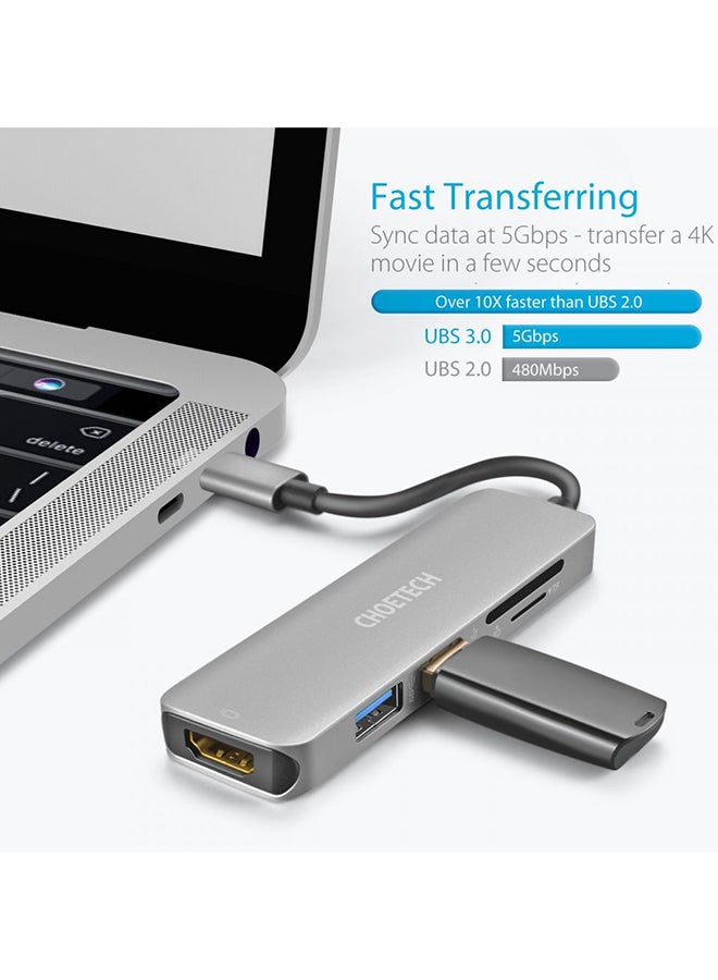 CHOETECH USB-C Data Hub Adapter 5-In-1 Silver - Image 5