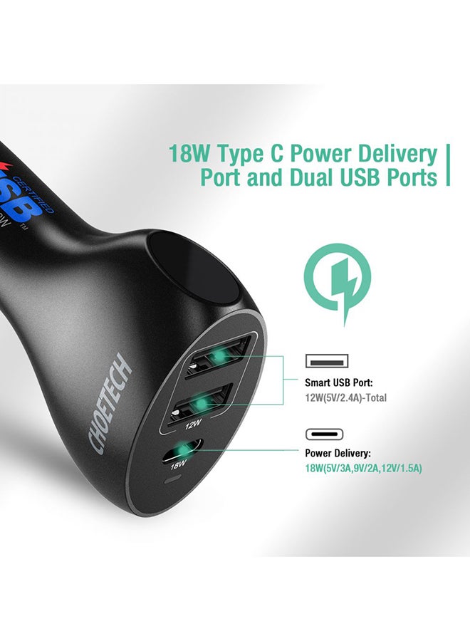 CHOETECH 3-Port USB Type C Car Charger Black - Image 3
