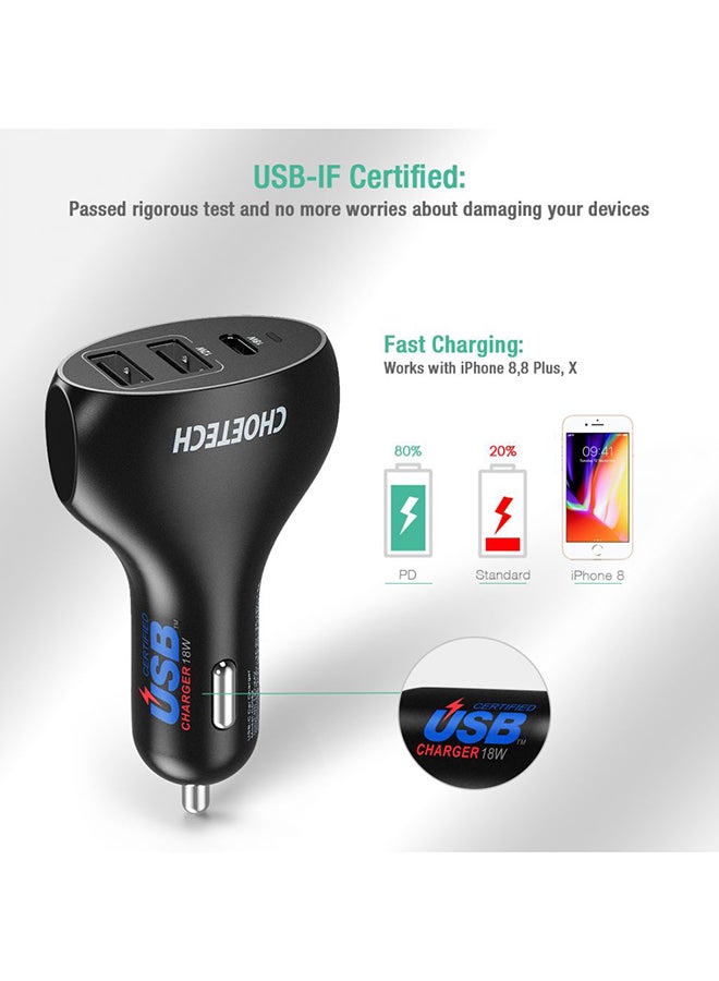 CHOETECH 3-Port USB Type C Car Charger Black - Image 2