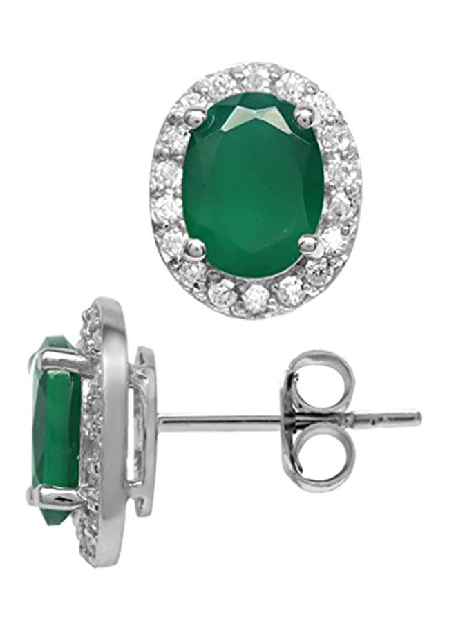 Silvershake Natural Oval Shape Emerald Halo 925 Sterling Silver Earrings - Image 1