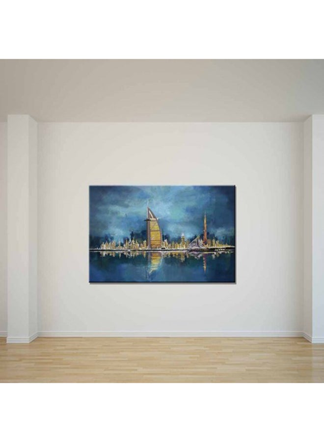 بوهيميا لوحة فنية من القماش الكتاني تمثل منظر مباني دبي في الأفق أزرق 90 x 60سم
