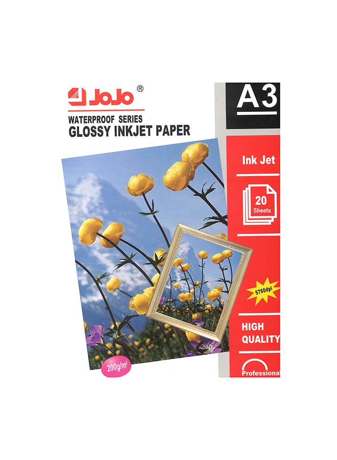 JOJO - 20-Sheets Waterproof A3 Glossy Inkjet Photo Paper 200gsm - Image 1
