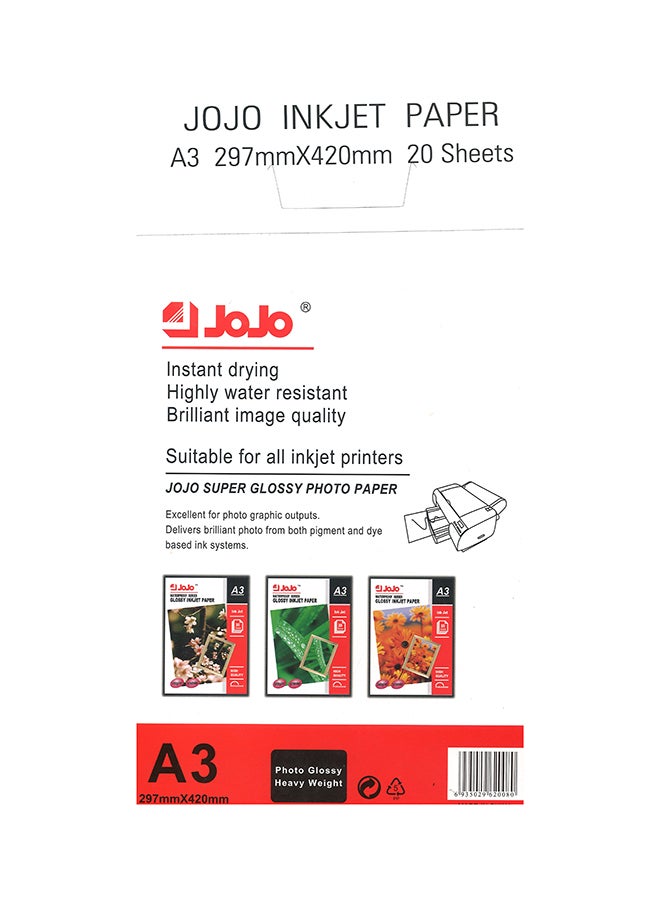 JOJO - 20-Sheets Waterproof A3 Glossy Inkjet Photo Paper 200gsm - Image 1