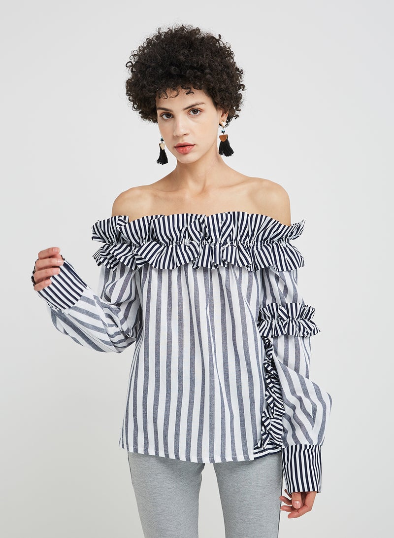ZERESOUQ - Stripe Detailed Bardot Top Navy - Image 1