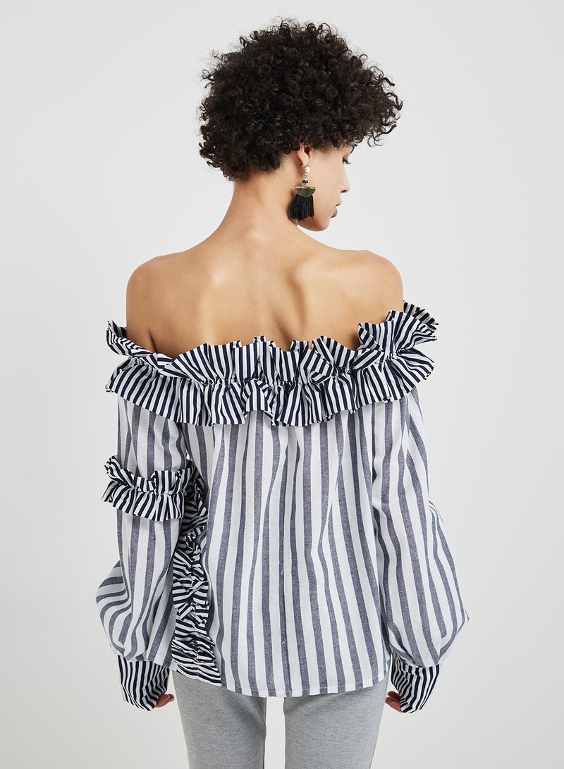 ZERESOUQ - Stripe Detailed Bardot Top Navy - Image 1