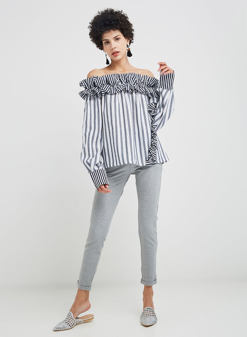 ZERESOUQ - Stripe Detailed Bardot Top Navy - Image 1