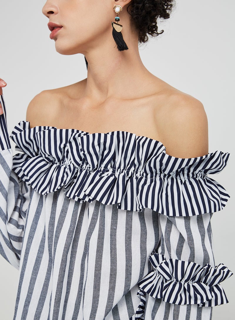 ZERESOUQ - Stripe Detailed Bardot Top Navy - Image 1