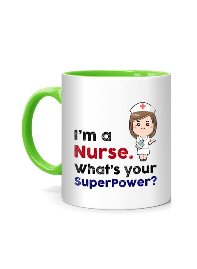 مج مطبوع عليه عبارة "I'm Nurse, what is your superpower" أبيض/أخضر 10سم
