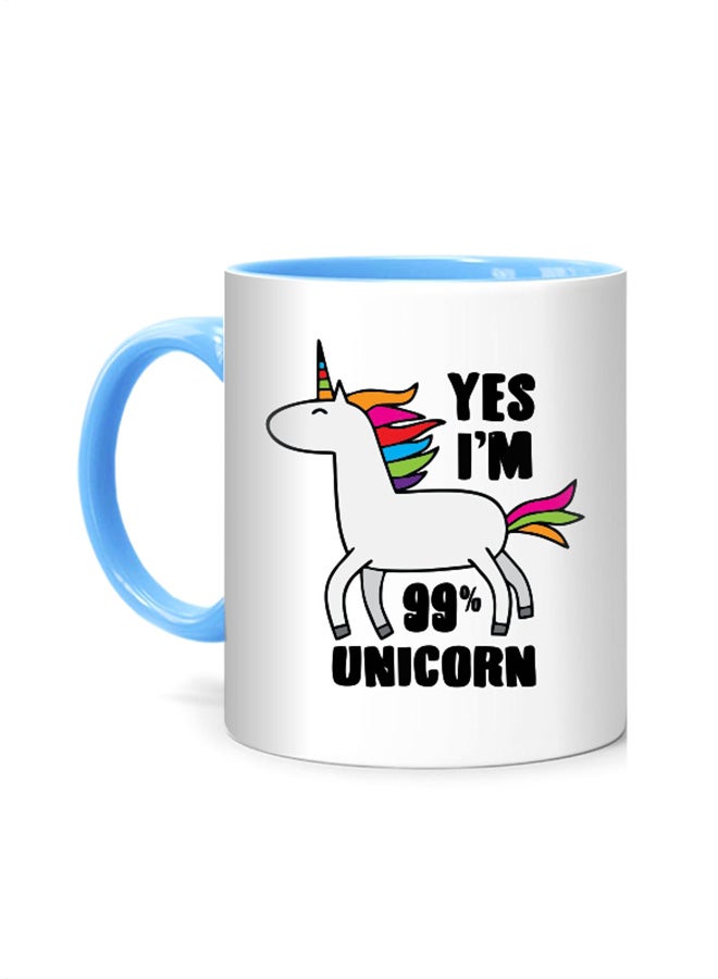 مج مطبوع عليه عبارة "Yes I'm 99% Unicorn" أبيض/أزرق