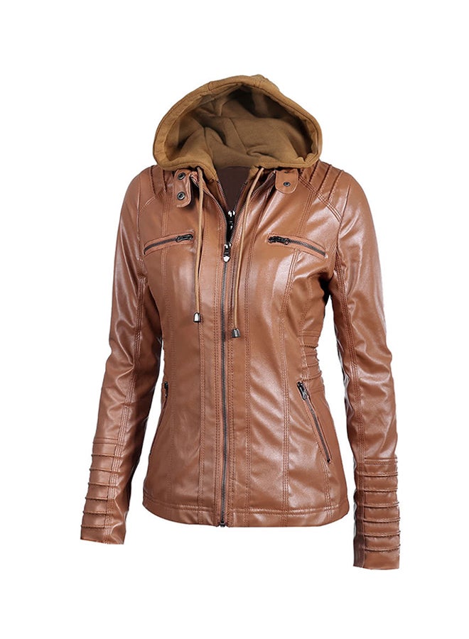 Solid Pattern Hooded Neck Jacket Brown - Image 1