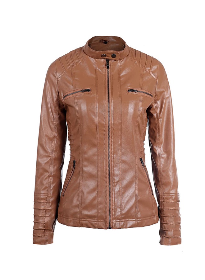 Solid Pattern Hooded Neck Jacket Brown - Image 2