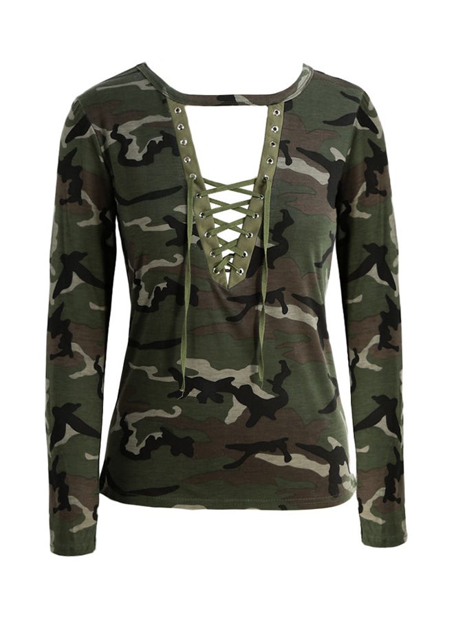 Camouflage Pattern Lace Up Detail Blouse Olive Green/Black/Grey  - Image 1