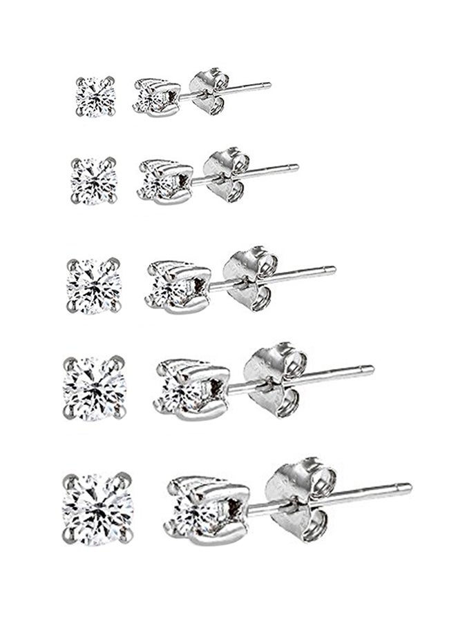 GemStar USA 5 Pair Sterling Silver Cubic Zircon Round Stud Earrings Set  - Image 1