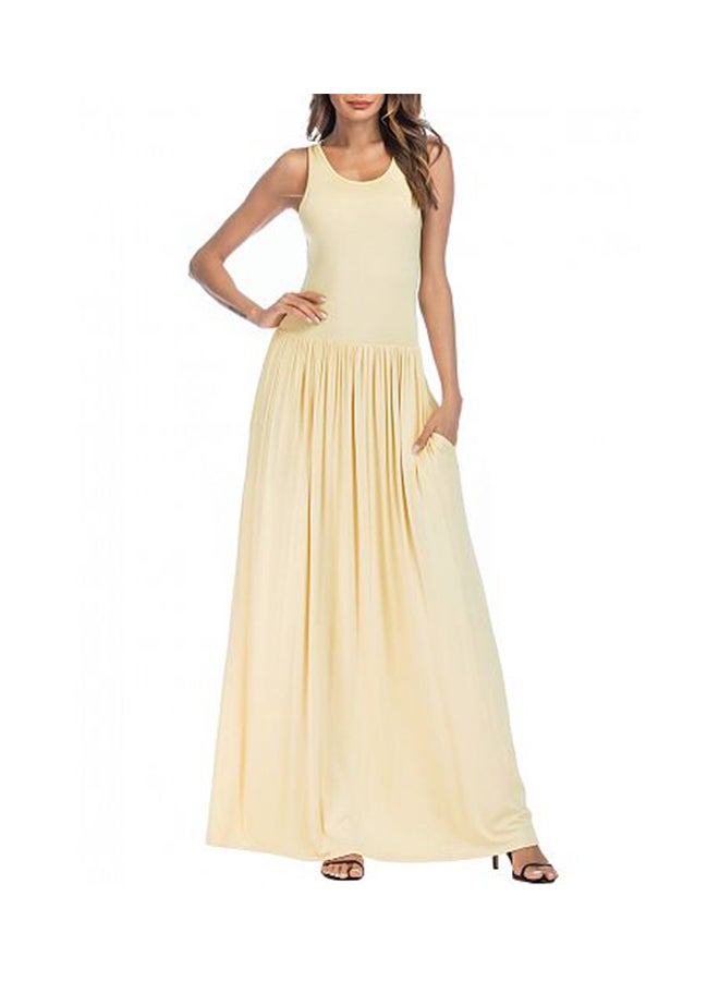 Sleeveless Racer Back Maxi Gown With Pleated Pocket Beige  - Image 1