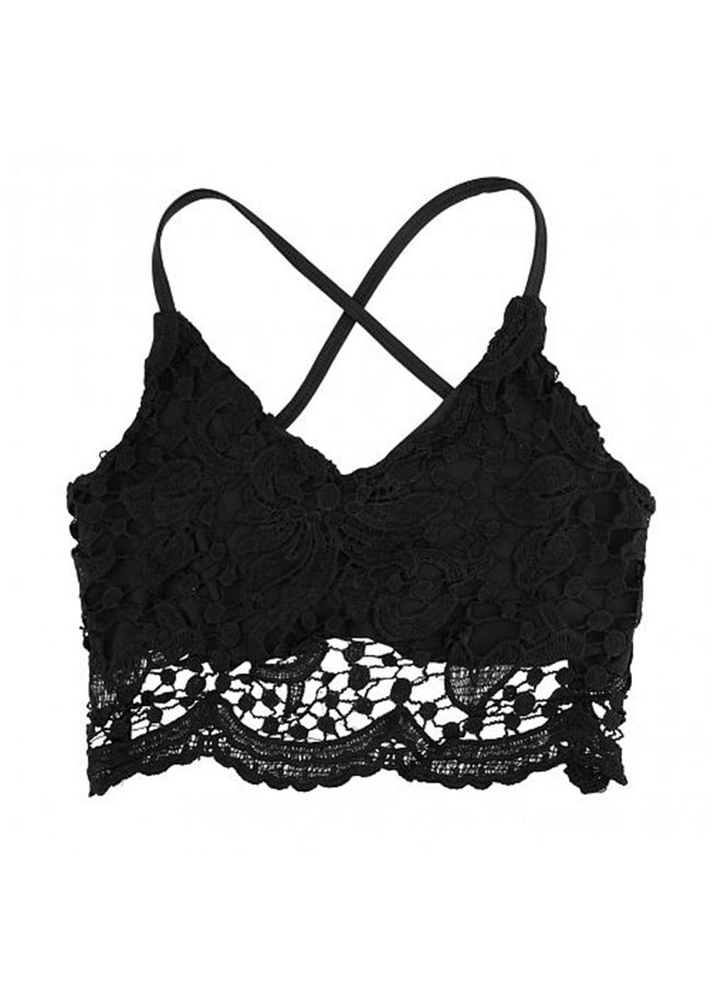 بلوزة قصيرة مزينة بحافة من الدانيتل والكروشيه وحمالات رفيعة وبدون ظهر أسود - Image 1