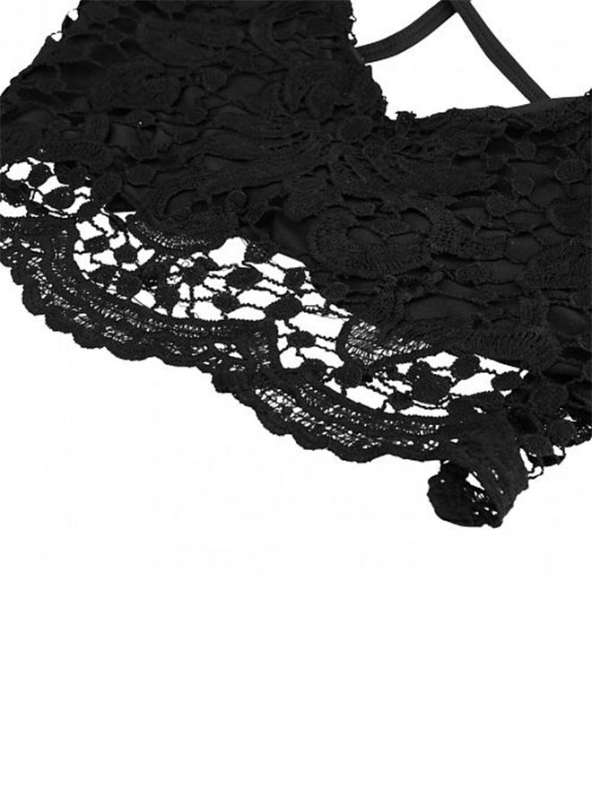 بلوزة قصيرة مزينة بحافة من الدانيتل والكروشيه وحمالات رفيعة وبدون ظهر أسود - Image 3