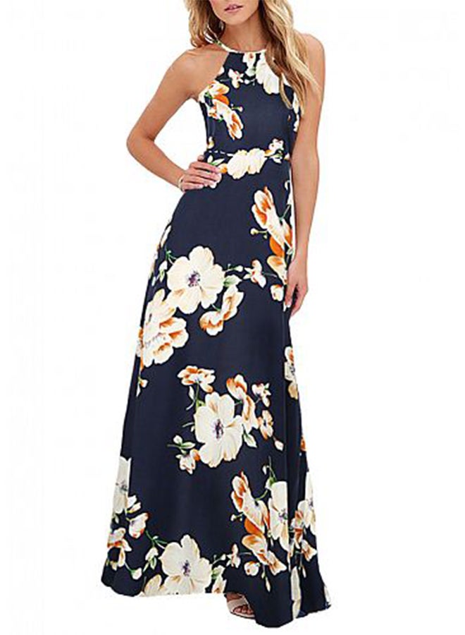 Floral Print Sleeveless Summer Beach Holiday Long Slip Dress Dark Blue  - Image 2