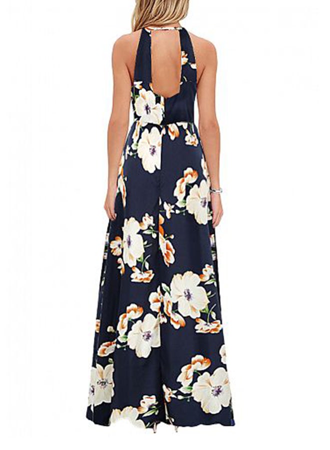 Floral Print Sleeveless Summer Beach Holiday Long Slip Dress Dark Blue  - Image 3